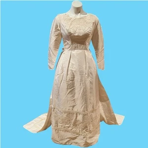 Vintage 1940-1950 Satin Cream Classic Wedding Dress Detachable Train w Bow Lace - Picture 1 of 12