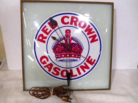 Vintage RED CROWN GASOLINE Electric Clock 15 1/2 x 15 1/2 " x 3 1/2 " D  WORKING Cover