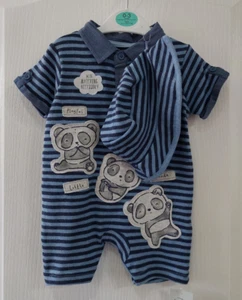 George Baby Boys 0-3 Months Blue Striped Panda Romper & Hat Outfit 2pc Set - Picture 1 of 14