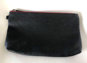 Vintage Chanel Black Zipper Pouch Pebbled Leather Red Lining Soft Clutch