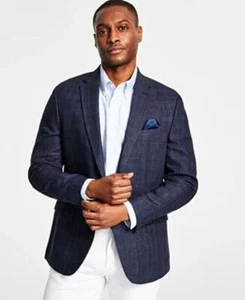 Bar III Mens Slim Navy Windowpane Linen Sport Coat 40 R NEW $295 TTAY1CVZ0030 - Picture 1 of 5