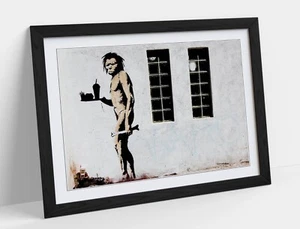 BANKSY CAVEMAN MIT FASTFOOD GRAFFITI - GERAHMTER WANDKUNST POSTER PAPIERDRUCK - Bild 1 von 11