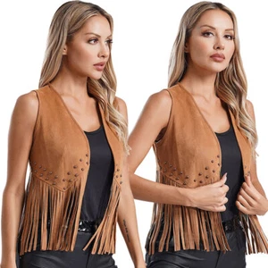 Womens Waistcoat Cowgirl Jackets Costume Vest Hippie Clubwear Open Front 70s - Picture 1 of 24