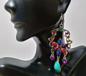 . NUEVO- Pendientes colgantes para mujer multicolor/tono plateado estilo indio- - Imagen 1 de 2
