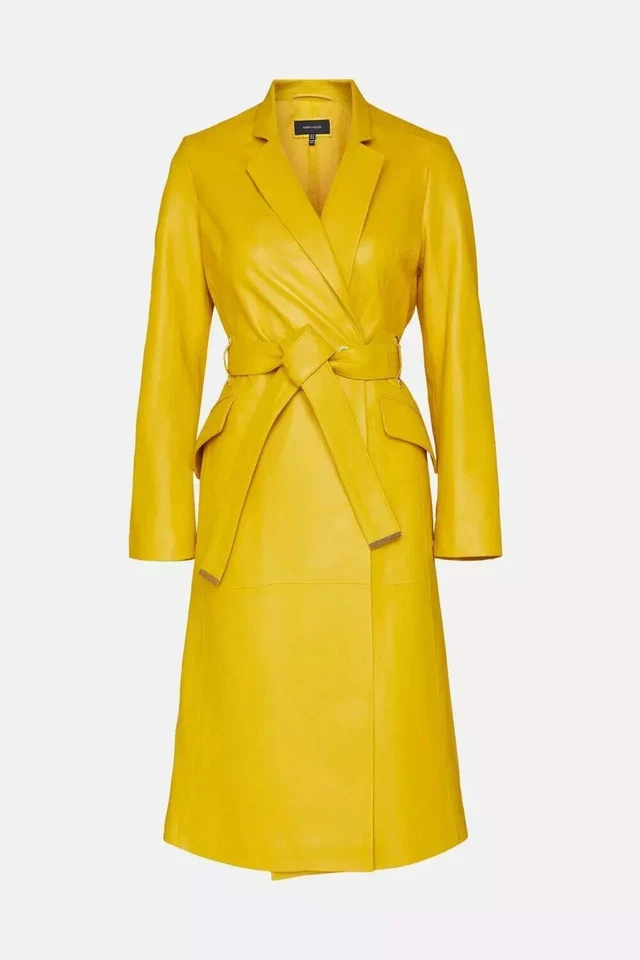 Gabardina Piel de Cordero Diseñador Elegante Mujer Cuero Largo Invierno Amarillo Fiesta Foto 1 de 4