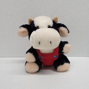 Dakin Vintage 1986 Squeak Plush Cow Baby Stuffed Animal 6.5" Red Overalls - Picture 1 of 14
