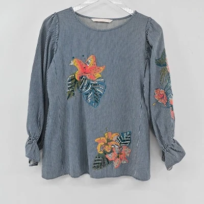 Blusa ZARA Top Mujer Talla XS Floral Bordada Rayas Manga Globo Denim Foto 1 de 4