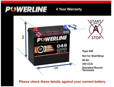 Battery fits TOYOTA RAV4 1.8 2.0 94 to 05 049 350A 40Ah 4Yr Warranty Powerline - Image 1 of 4