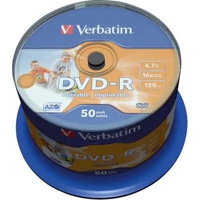 Verbatim DVD-R Wide Inkjet Printable No ID Brand 16x 4.7GB - Pack Of 50 - Image 1 of 2