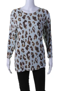 Leggiadro Womens Animal Print Long Sleeves Blouse Sky Blue Brown Size 4 - Picture 1 of 12