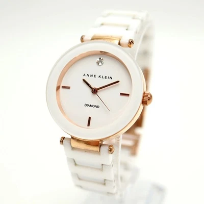 Reloj Pulsera Anne Klein Diamante Tono Oro Rosa 33mm Cerámica Blanca Batería Nueva Foto 1 de 4