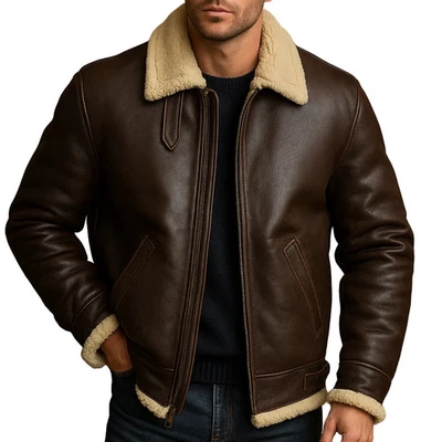 Men’s Brown Shearling Bomber Jacket Real Leather Aviator Flying Pilot Coat - Image 1 of 4