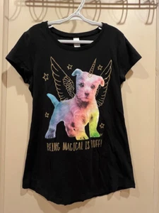 Justice Girl's T-Shirt, black/design, size 12 - Picture 1 of 3