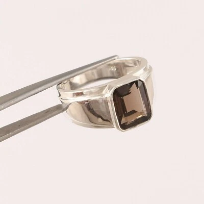Cuarzo ahumado natural con anillo de plata enchapado en oro blanco de 14K para hombre #1450 Foto 1 de 4
