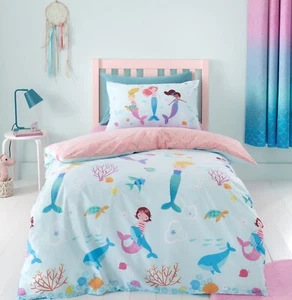 Catherine Lansfield Mermaid Duvet Cover Girls Single Bed Quilt Bedding Set Aqua - Picture 1 of 5
