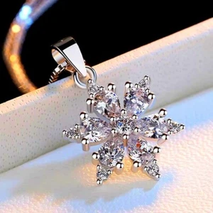 Clear Cubic Zircon Snowflake 925 Sterling Silver Chain Necklace Women Jewellery - Picture 1 of 4