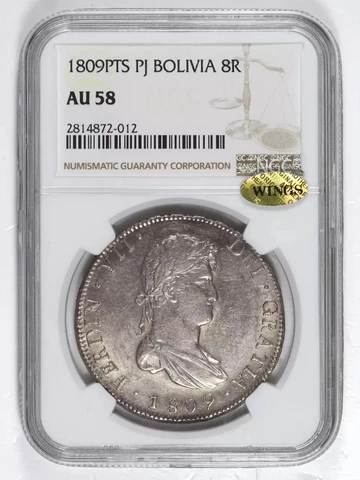 1809 Bolivia Silver 8 REALES NGC AU-58 PTS PJ Cover