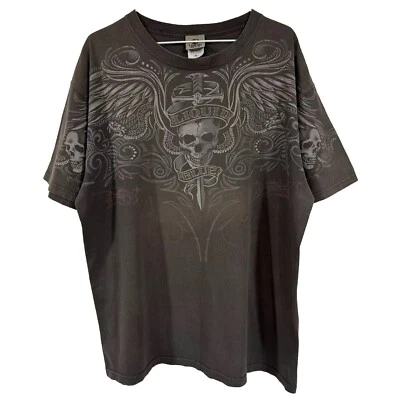 Жидкий синий Y2K череп меч звезды черепа крест кости винтажная рубашка мужская XL выцветший - Изображение 1 из 4