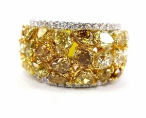 Multi Shape Canary Yellow Diamond Cluster Wide Ring Band 14k White Gold 6.64Ct - Picture 1 of 8