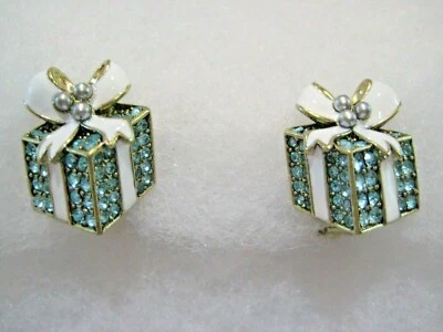 HEIDI DAUS "Pave' Package" (Aqua/ White Enamel Bow/Seed Beads) Clip-On Earrings  - Image 1 of 4