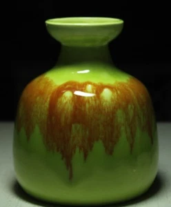 Vintage Japanese art pottery vase Tilso lime green brown drip glaze hand painted - Picture 1 of 10