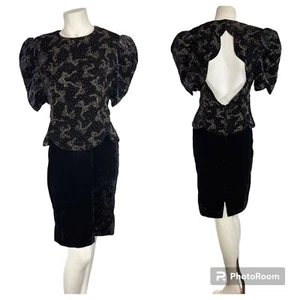 VTG 90s Scott McClintock 14 Velvet Dress Puff Sleeve Bow Print Prom Cocktail 14P - Picture 1 of 13