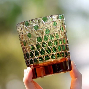 Vaso de whisky para bebidas vodka tallado a mano Edo Kiriko vasos de cristal 9 oz verde - Imagen 1 de 12