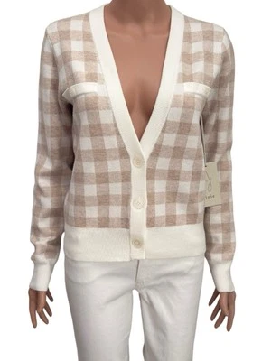 ⭐NUEVO CON ETIQUETAS - JOIE - Cárdigan delantero a cuadros marrón claro y blanco MUJER PEQUEÑO Foto 1 de 4