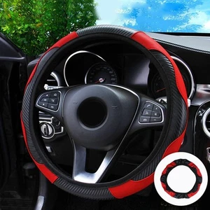 Red Black Car Steering Wheel Cover Quality Leather Breathable Anti-slip 37-38cm - Picture 1 of 10