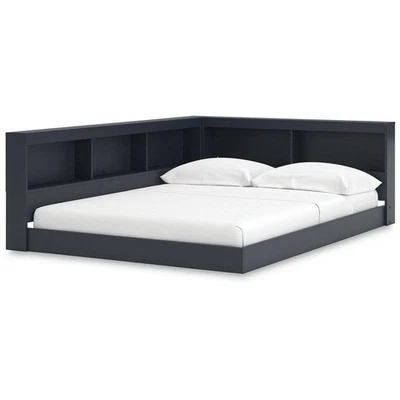 Twin Blue Wooden Corner Storage Bed with Bookcase Headboard USB Ports - Image 1 of 4