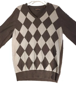  Ben Sherman Men’s Large Argyle V-Neck Sweater Brown Tan 100% Cotton Pullover  - Picture 1 of 8