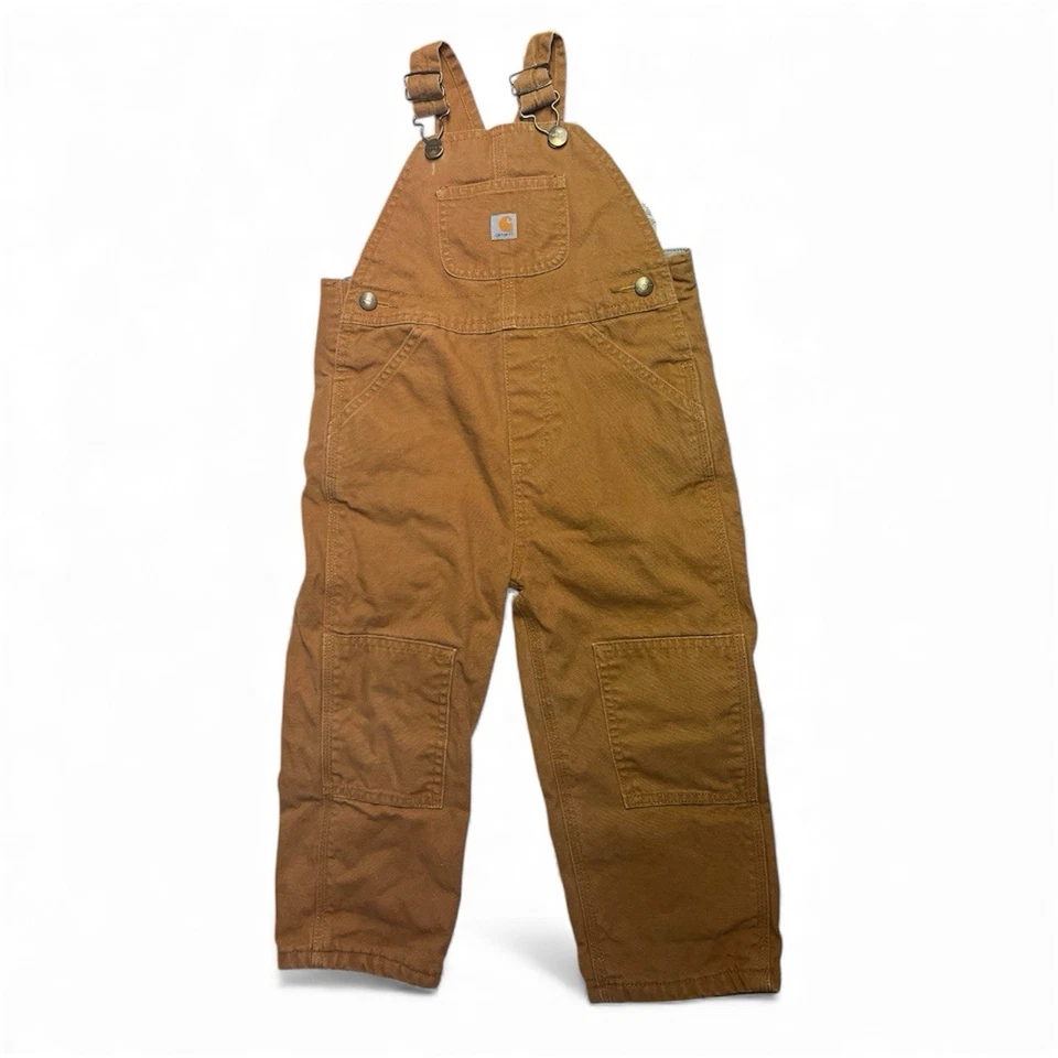 Carhartt Brown Camel Bib Overalls Plaid Flannel Lined Double Knee - Size 3T - Image 1 of 4
