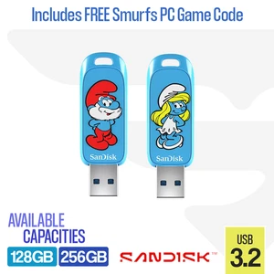 SanDisk 128GB 256GB Flash Drive Memory Stick USB 3.2 - The Smurfs w/ Game Code - Picture 1 of 5