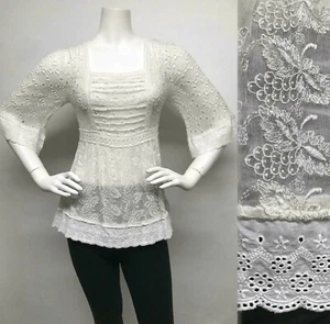 SUNDANCE CATALOG Embroidered 100% SILK Blouse Top & Slip EYELET LACE Cut-Outs S - Picture 1 of 12