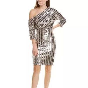 NWT Belle Badgley Mischka Dress Sequin Silver Asymmetric Cocktail Women's Size 2 - Picture 1 of 21