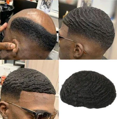 Wave Mens Toupee Curly Top Hairpiece Kinky Human Hair Replacement Unit Black Wig - Image 1 of 4