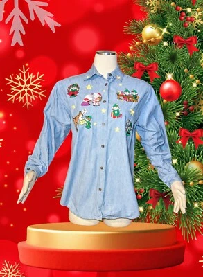 KAREN SCOTT Womens Christmas Button Up Shirt Denim Embroidered SANTA ELVES Small - Image 1 of 4