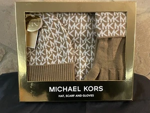 MICHAEL KORS Beanie Hat, Scarf and Gloves Set Camel/White MK Logo NEW - Picture 1 of 5