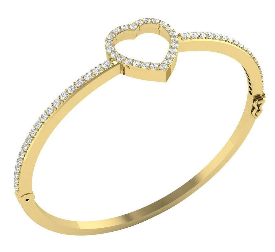 Heart Bangle Bracelet I1 G 1.50 Carat Natural Diamond 14K Yellow Gold 2.40Inch - Image 1 of 4