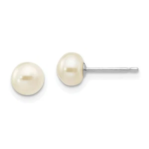 Real 14kt White Gold 5-6mm White Button FW Cultured Pearl Stud Post Earrings - Picture 1 of 5