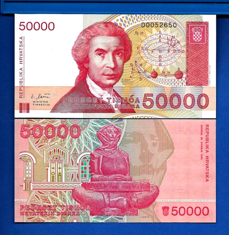 Croatia 50,000 Dinara Year 1993 Uncirculated World Paper Money Currency Banknote Cover