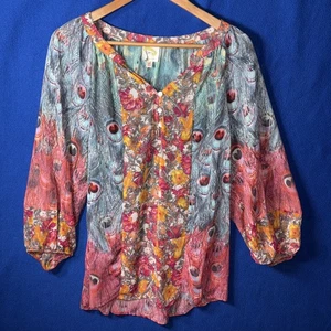 Fig and Flower Bluse Damen XL Pfau Blumenmuster Boho Hippie Popover - Bild 1 von 4