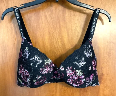 Women's BEBE Push Up Bra Sz.38D Black Floral Lace Wired Padded  Adjustable Strap - Image 1 of 4