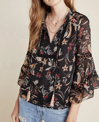 Blusa Campesina Floral Anthropologie Maeve Odette Talla XS Mangas Campana Forrada Foto 1 de 4