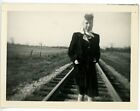 1939 PHOTO OH Ohio Columbus Woman Walking Along Railroad RR Tracks Coat Scarf