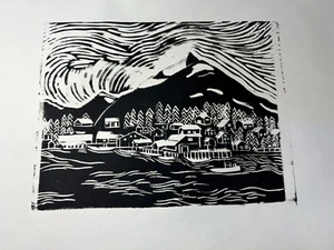 Unsigned Lithograph Linocut Poster Alaskan Coastal Village - Picture 1 of 7