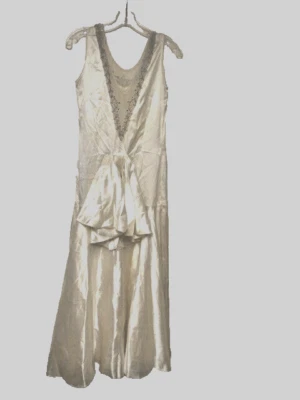Antique Ivory Satin Wedding Sleeveless Flapper Dress Beads, Rhinestones Neckline - Image 1 of 4