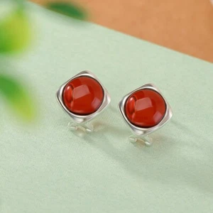 Pendientes redondos ámbar rojo F02 clip de ámbar de sangre plata de ley 925 - Imagen 1 de 6