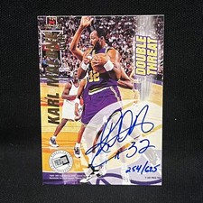 KARL MALONE JAZZ VAUGHN 1997 98 PRESS PASS DOUBLE THREAT ON CARD AUTO # 254/625