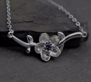 Halskette Kette 925 Sterling Silber Zweig Blume Blüte Geschenk Lila Zirkonia NEU - Bild 1 von 4